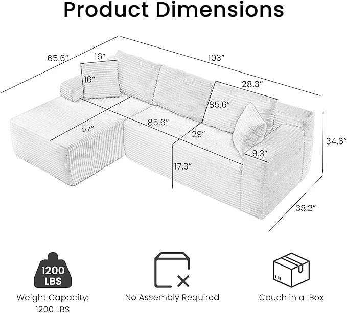 103'' Modular Sectional Sofa with Deep Seat Comfy L Shaped Couch Modern Cloud Couch with Oversized Chaise Corduroy No Assembly Required for Living Room Bedroom Beige