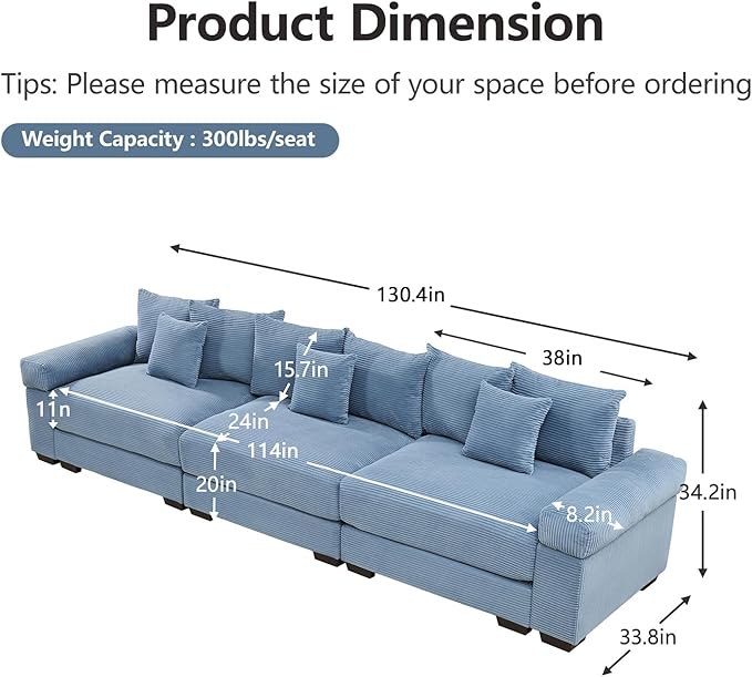 130 Corduroy Sectional Couches for Living Room Blue Comfortable Oversized Sectional Sofa Set with Deep Seat Large 3 Seater Couch Sofas para Sala Modern Corduroy Couch Set