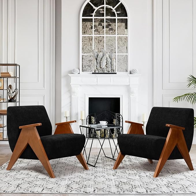 Home Accent Chair Mid Century Modern Accent Chair with Wood Frame Lounge Upholstered Armchair Reading Chair Sturdy BaseFor Living Room BedroomOfficeComfy Guest Waiting Room ChairsBlack
