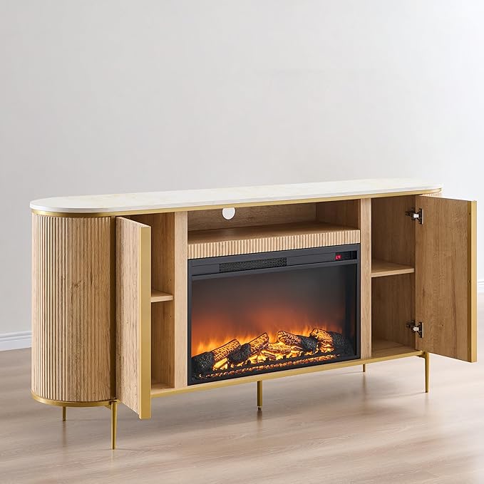 OKD Luxury 70 Fluted Fireplace TV Stand Modern Chic Entertainment Center for TVs Up to 80 inches TV Console with Faux Marble Top Curved Profile Design Media Console for Living Room Natural Oak