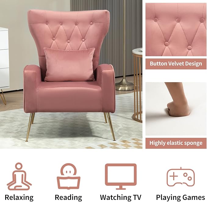 Button-Tufted Living Room Chairs Set of 2 WingBack Velvet Accent Chair Armchair with Lumbar Pillow Bedroom Chairs Vanity Chair Arm Chair with Golden Legs Pink