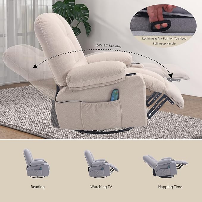 Rocker Recliner Chair with Massage and Heat Oversized Rocking Nursery Recliners Chair Overstuffed Swivel Glider with Cup Holder Fabric Manual Single Sofa for Living Room Beige