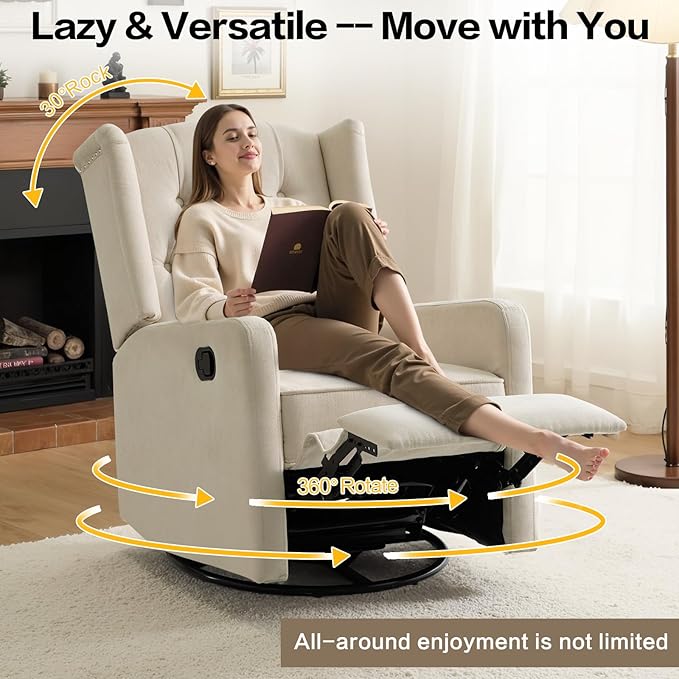 ABAKAN Swivel Rocker Recliner Chair 360 Degree Nursery Rocking Recliner Linen Glider Chair with Button Tufted Wingback Chair for Living Room BedroomAsh Beige