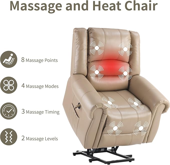 Power Lift Recliner Chair with Massage and Heating PU Leather Electric Recliner Sofa with USB Charger 300lbs Capacity Lift Chair 8-Point Massage &amp Lumbar Heating Easy Assembly(Light Brown)