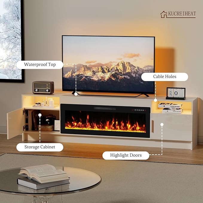 80'' TV Stand with Fireplace and Led Light-White Entertainment Center for 90 inch TV- TV Cabinet with Storage High Glossy Door Modern TV Console for Living Room