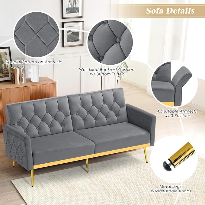 Velvet Sofa Bed w/Adjustable Armrests and Backrests Modern Convertible Sleeper Sofa Tufted Futon Sofa for Bedroom Living Room Apartment Grey