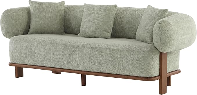 Christopher Knight Home Yule Living Room Wooden 3-Seater SofaBoucle Fabric Upholstered Lounge Sofa CouchHome Office/Bedroom Sofa Chair with Accent PillowComfy Reading Cloud SofaLight Green + Brown