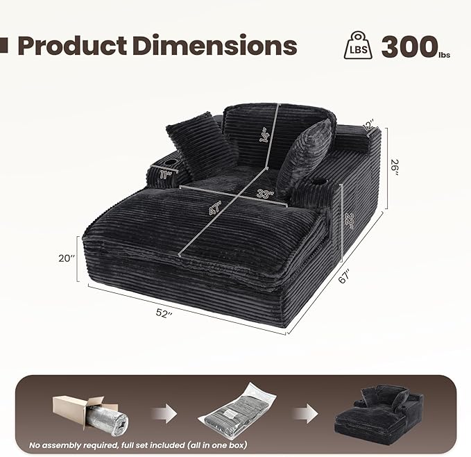 67 Chaise Lounge Chair Indoor Cozy Oversized Fluffy Sofa with Cup Holders &amp Throw Pillows Boneless Sleeper Cloud Couch for Living Room Movie Room and Apartments Black