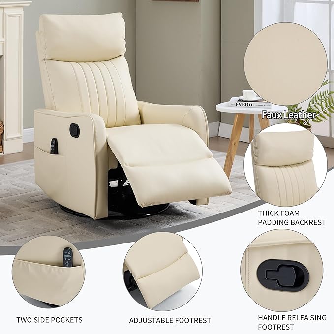 High Back Massage Recliner with Heat - Swivel Rocking Chair for Small Spaces Manual Lazy Boy Recliner for Adults Perfect for Living Room &amp Bedroom Soft Fabric (Beige FL)
