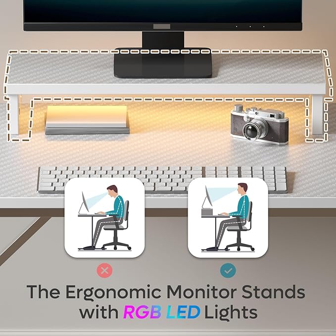 Bestier Gaming Desk with LED Lights &amp Monitor Stand 42 inch Small Computer Desk Gamer Workstation with Cup Holder &amp Headset Hooks Modern Simple Style Desk for Home Office Carbon Fiber White