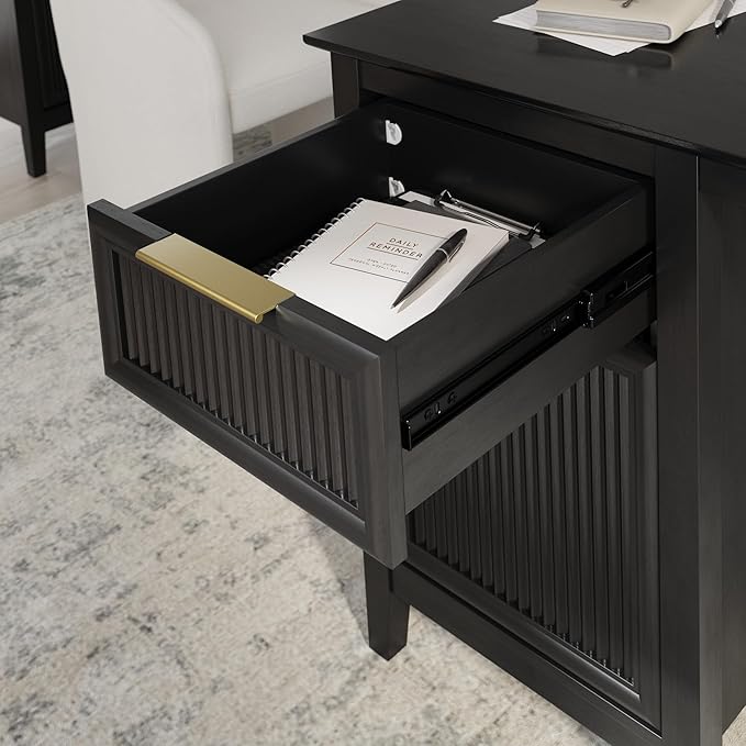 Bush Home 54-Inch Writing Desk with Storage Fluted Computer Study Laptop Table Workstation with Spacious Drawer and Door Storage Home Office Furniture Make Up Vanity Camille Collection Onyx Birch
