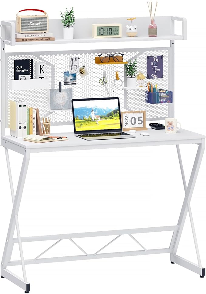 Elephance Small Gaming Desk with Pegboard 39 Inch Computer Desk with Storage Shelves Modern Office Desk for Study Work Home Office Small Spaces White