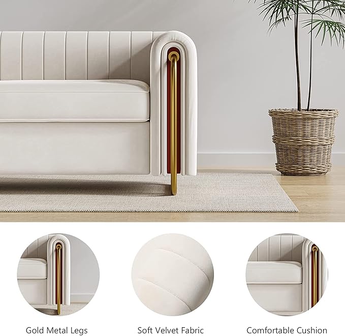 KEVINSPACE 84.25 Modern Sofa Couch Velvet Loveseat Sectional Sofa Couch with Gold Legs for 3-4 Persons Upholstered Deep Seat Love Seat Mid-Century Sofa for Living Room Office Apartment Beige