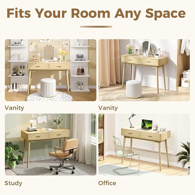 Small Wood Desk with Drawers - 40 Inch Home Office Study Writing Desk for Bedroom Vanity Desk with 4 Solid Legs Modern Computer Desk for Small Spaces