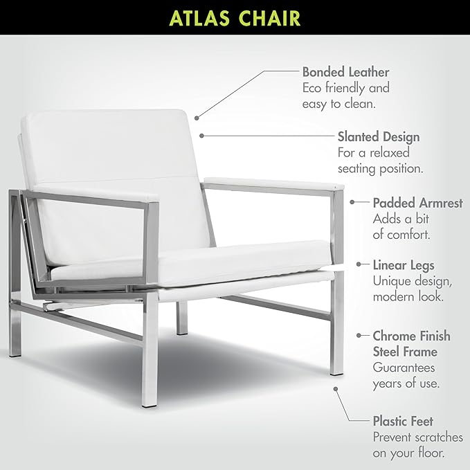 Atlas Modern Accent Chair in Blended Leather Chrome/White