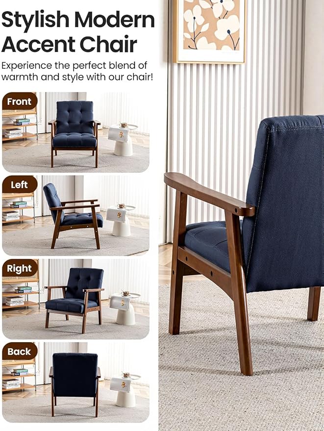 Mid Century Modern Accent Chairs for Living Room Comfy Bedroom Chairs for AdultsSmall Wide Reading Nook Arm Chair 105° Ergonomic Cozy Blue Linen Armchair with Rubber Wood