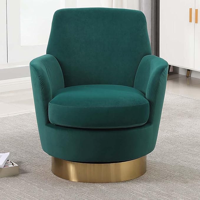 Velvet Swivel Accent Chairs for Living RoomComfy Swivel Barrel Chair with Foam Cushion Round Swivel Chair &amp Boucle Swivel Chair with High Back Round Armrest Gold Base (Green)