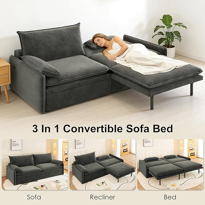 81 King Pull-Out Sofa Bed 3-in-1 Convertible Sleeper Sofa Bed with Hidden Storage &amp USB Charging Chenille Cloud Couch with Chaise Lounge for Living Room &amp Apartment Dark Grey | Pullout Cou