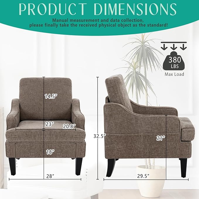 Modern Accent Chairs Set of 2 Upholstered Reading Chair for Bedroom with Side Pockets Comfy Living Room Chairs Living Room Armchair for Office Apartment (Brown Chenille)