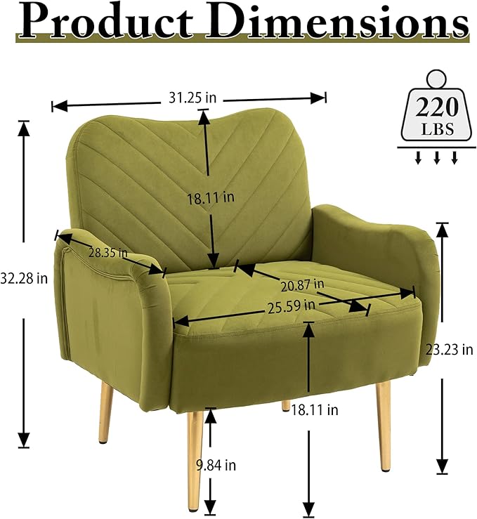Velvet Accent Chair Comfy Upholstered Living Room Arm Chair Single Reading Sofa Chairs for Bedroom Office Small Spaces Waiting Room Furniture (Olive Chair)