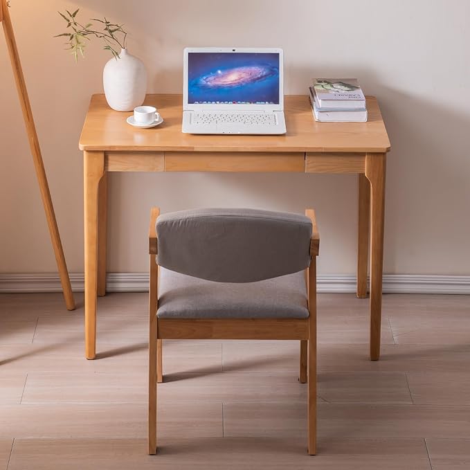 Solid Wood Desk with Drawers Home Office Desk for Small Spaces Gaming Work Study Desk Student PC Desk for Bedroom Easy to Assemble (Wood Color 39.4 inch)