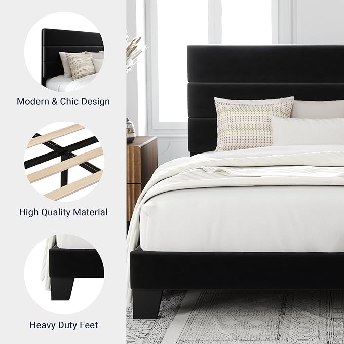 Allewie King Size Platform Bed Frame with Velvet Upholstered Headboard and Wooden Slats Support Fully Upholstered Mattress Foundation/No Box Spring Needed/Easy Assembly Black