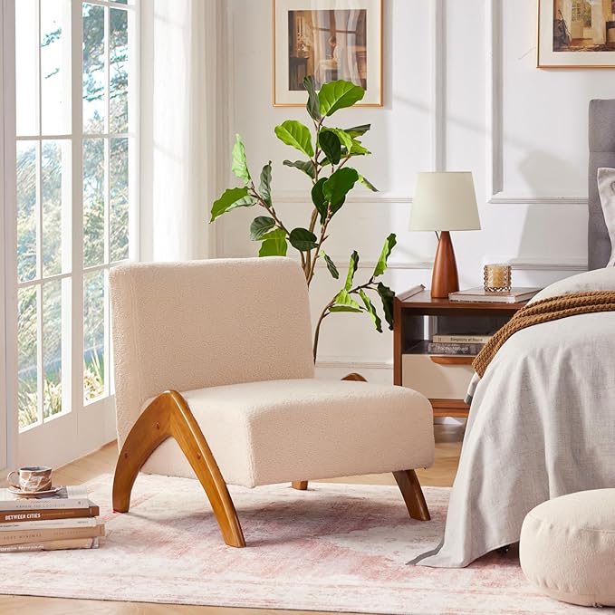 Oversized Accent Chair upholstered armless mid Century Modern Living Room Chair with Wooden Legs for Bedroom/Office/Cafe Sherpa Beige