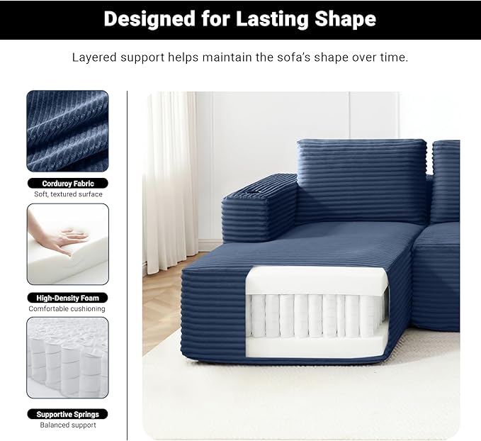 132 Cloud Couch Sectional Modular Sofa with Cup Holder and Deep Seat Corduroy U Shaped Boneless Sofas Couch in a Box No Assembly Required Blue Couches for Living Room