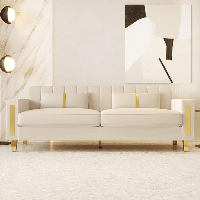 85.63 Modern Velvet Sofa with Gold Metal Legs Large Upholstered Mid Century Modern Comfy 3 Seater Couches for Living Room Bedroom Office (Beige)