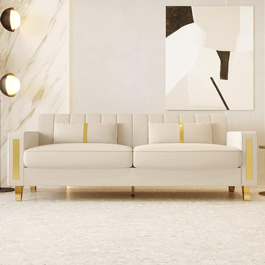 85.63 Modern Velvet Sofa with Gold Metal Legs Large Upholstered Mid Century Modern Comfy 3 Seater Couches for Living Room Bedroom Office (Beige)