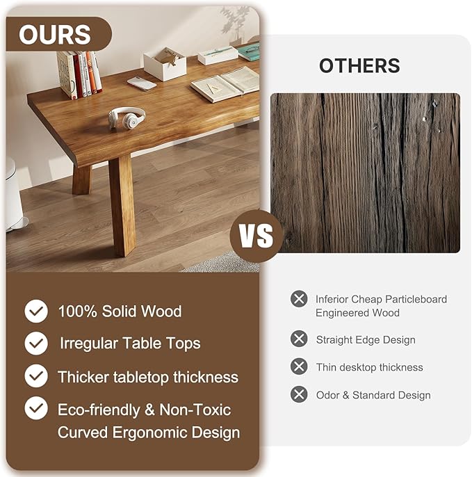 Solid Wood Desk 55 inches Live Edge Wooden Home Office Computer Desk Modern Simple Design for Writing Study Dining Gaming