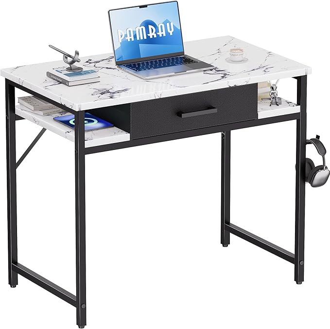 Pamray 32 Inch Small Computer Desk with Drawer and Shelves Simple Study Work Table for Bedroom Marble