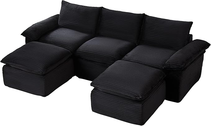 DEINPPA U Shape Modular Couch with Ottoman 5 Seat Cloud Sofa with Deep Seat for Living Room Apartment Corduroy Upholstered Comfy Couch-Black