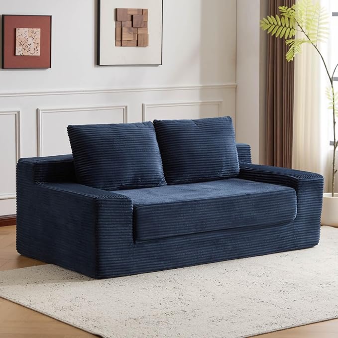 72 Boneless Loveseat Couch Foldable Pull Out Sofa Bed with 2 Pillows Corduroy Floor Sofa for Apartment Living Room Bedroom Guest Room No Assembly (Dark Blue)