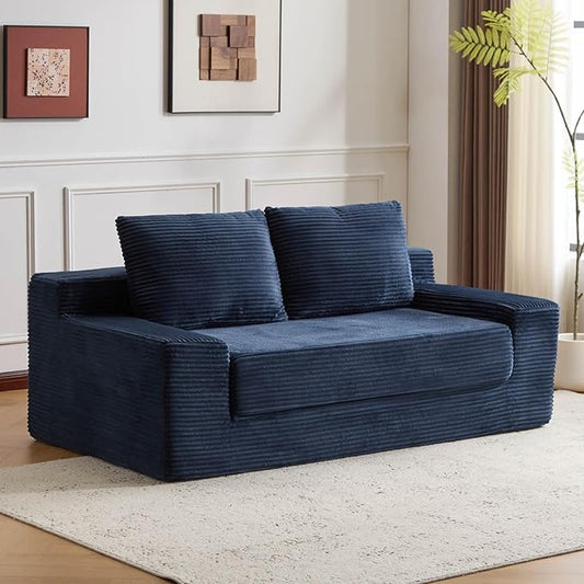 72 Boneless Loveseat Couch Foldable Pull Out Sofa Bed with 2 Pillows Corduroy Floor Sofa for Apartment Living Room Bedroom Guest Room No Assembly (Dark Blue)