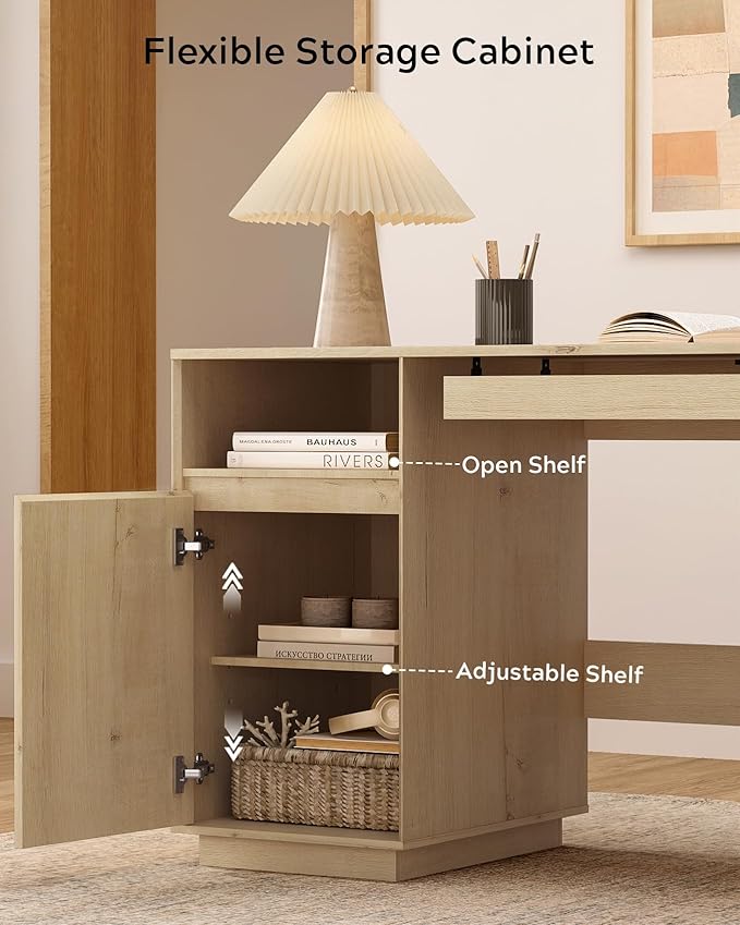 59 Farmhouse Office Desk Wide Home Executive Desk with File Drawer &amp Open Storage &amp Power Outlet Wooden Computer Desk for Study Writing Light Oak