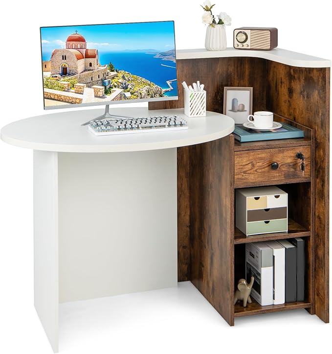 Reception Desk Small Retail Checkout Counter with Lockable Drawer and Open Shelves Wooden Front Desk Reception Counter Oval Desktop &amp L Counter for Store Office Lobby Salon (Brown)