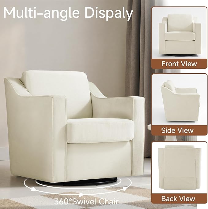 Swivel Accent Chair Mid Century Round Barrel Arm Chair for Living Room Comfy Chenille Club Single Sofa Chair for Bedroom-Beige