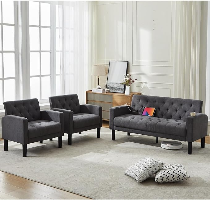 TYBOATLE Mid-Century Modern Tufted Loveseat Sofa Set w/ 2 USB &amp 2 Cupholders 3 Piece Living Room Furniture Sets Small Love Seat Couches for Small Space Apartment Bedroom Office(Dark Grey)