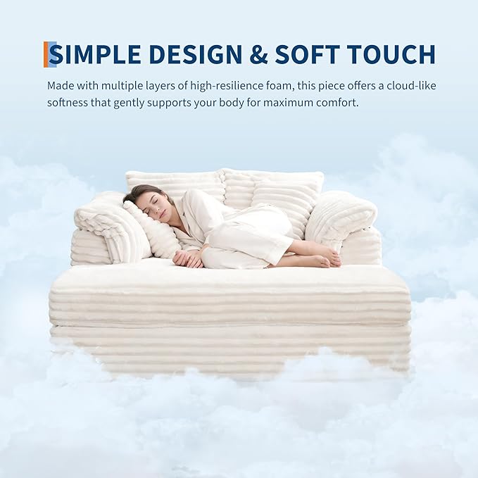 Oversized Chaise Lounge Chair Indoor Upholstered Sofa Bed with Throw Pillows and Armrests Comfy Corduroy Sleeper Couch with Cup Holders and Charging Port for Living Room Bedroom 60 Inch Wide White