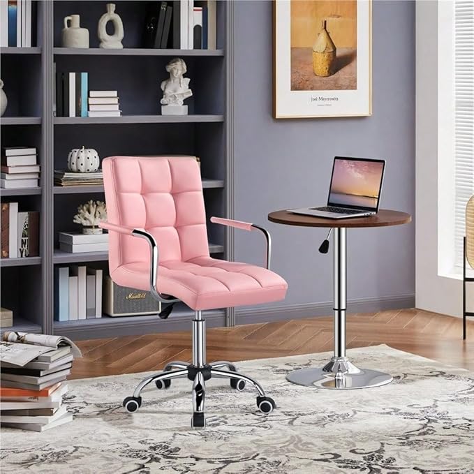 Butterslay Mid-Back PU Leather Office Chair with Armrests 360° Swivel Rolling Height Adjustable Desk Chair with Lumbar Support for Home Office Bedroom White/Pink/Brown/Retro Brown (Pink)
