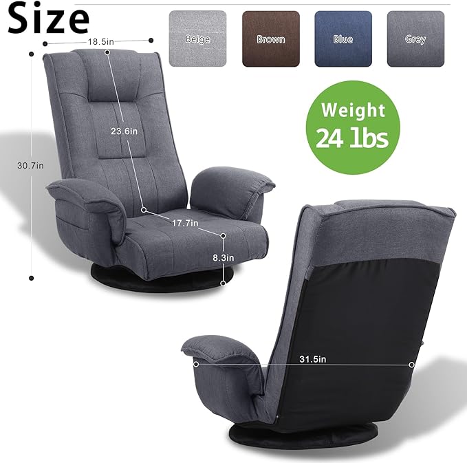 FLOGUOR 360 Degree Swivle Adjustable Floor Chair Chaise Lounge Indoor Folding Lazy Sofa with Armrests and Side Pocket Adults Gaming Chairs for Living Room Bedroom Factory Price 201 (GR)