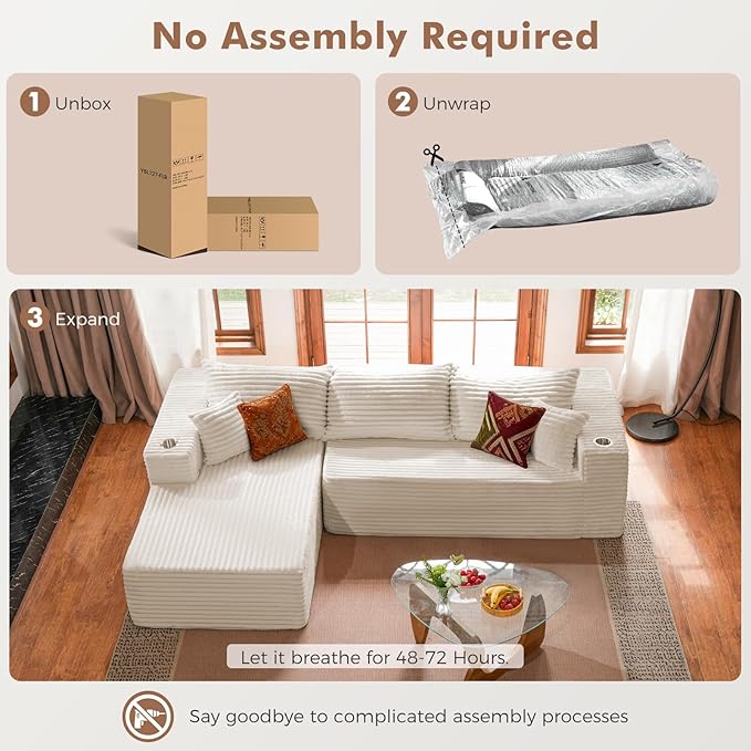 ELUCHANG 108” Modular Sectional Sofa Comfy Cloud Couch with Deep Seat Modern L-Shape Sofa with Chaise Upholstered Boneless Couch for Living Room Bedroom No Assembly Required Corduroy Beige