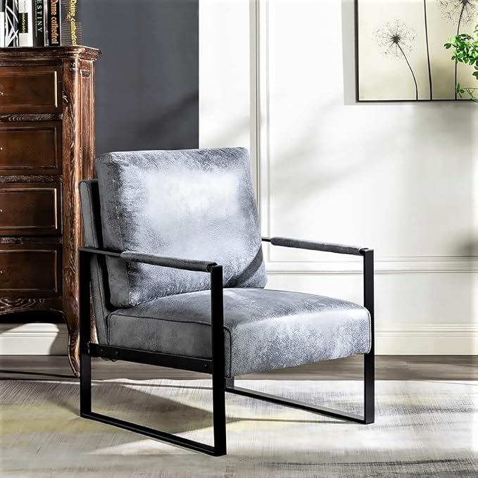 Container Furniture Classic Mid Century Modern Accent Chair with Durable Square Metal Frame Armchair for Living Room Bedroom Home Office in Spotted Microfiber Upholstery Grey