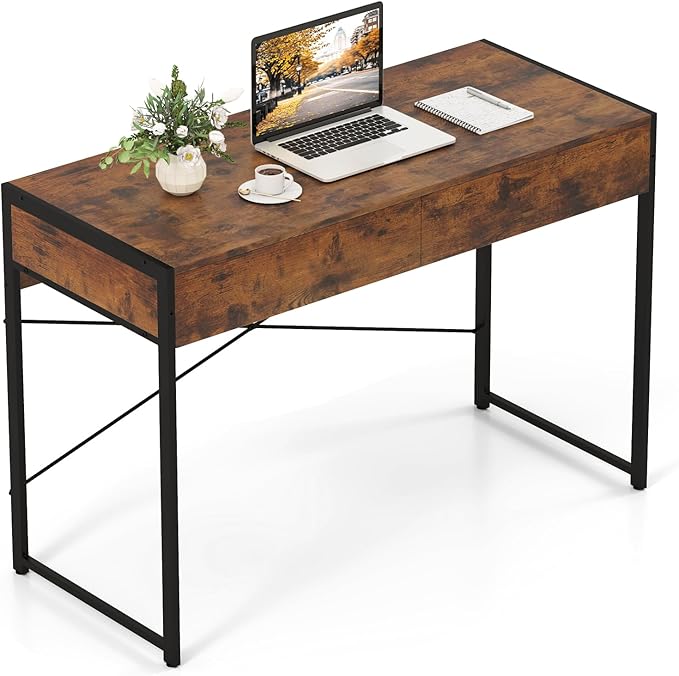 GOFLAME Modern 2-Drawer Computer Desk Home Office Desk w/Reinforced Heavy-Duty Metal Frame Versatile Study Writing Desk w/Anti-Tip Kit Ideal for Study Office Small Spaces (Rustic Brown)