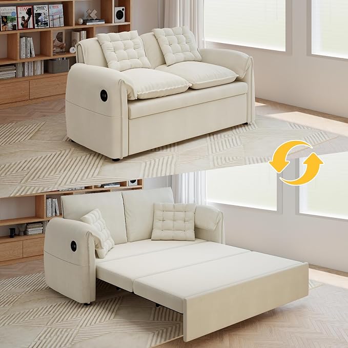 3-in-1 Sleeper Sofa Bed(87 Length)62.9 W Couch with Pull Out Bed with 6-Position Adjustable BackrestHidden Storage &amp USB for Living RoomBeige