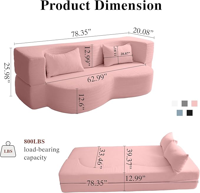 2-in-1 Folding Convertible Sofa Bed - 78 Inch Boneless Teddy Loveseat Sleeper Foldable Floor Futon Couch with Pillow Pull-Out Modular Matress for Small Spaces (Living Room/Bedroom/Dorm) (Pink)