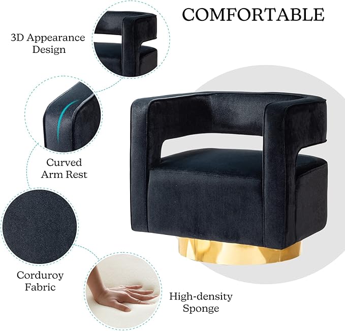 TINA'S HOME Swivel Accent Barrel Chair Modern Curved Open Back Swivel Accent 3D Barrel Velvet Chair with Gold Metal Base Club Arm Chair Upholstered Sofa Lounge for Living Room (Black)
