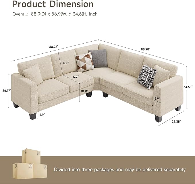 ONBRILL L Shaped Couch Small Corner Sectional Sofa for Living Room Comfy Chenille L Shape Sofa with 3 Throw Pillows Easy Assembly Convertible Sectional Sofa Couches for Apartment Beige