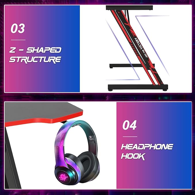 BestOffice Gmaing Desk Z Shaped 47 inch PC Computer Desk Computer Workstation Ergonomic Gaming Table with Headphone Hook for Game Players Red